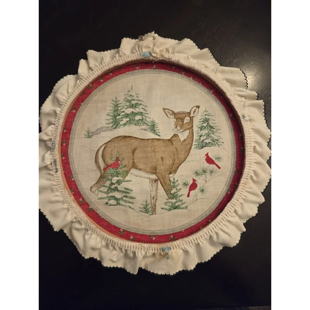 Vintage‎ Deer With Cardinals Lace Hoop Wall Hanging Decor